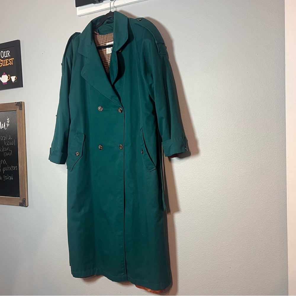 Vintage Double Breasted Trench Coat Womens Teal Green Size 12 Lined Long Belted